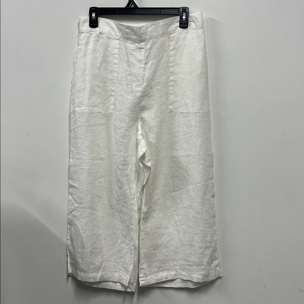 Flax NWOT White Linen Crop Pants Sq. Front Pockets Lagenlook Women’s M Pull-On